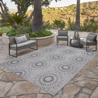  Paseo Tiaret All-Weather Flatweave Indoor/Outdoor Area Rug, Gray Black Silver Tribal Sunburst – Patio, Deck, Porch & Poolside
