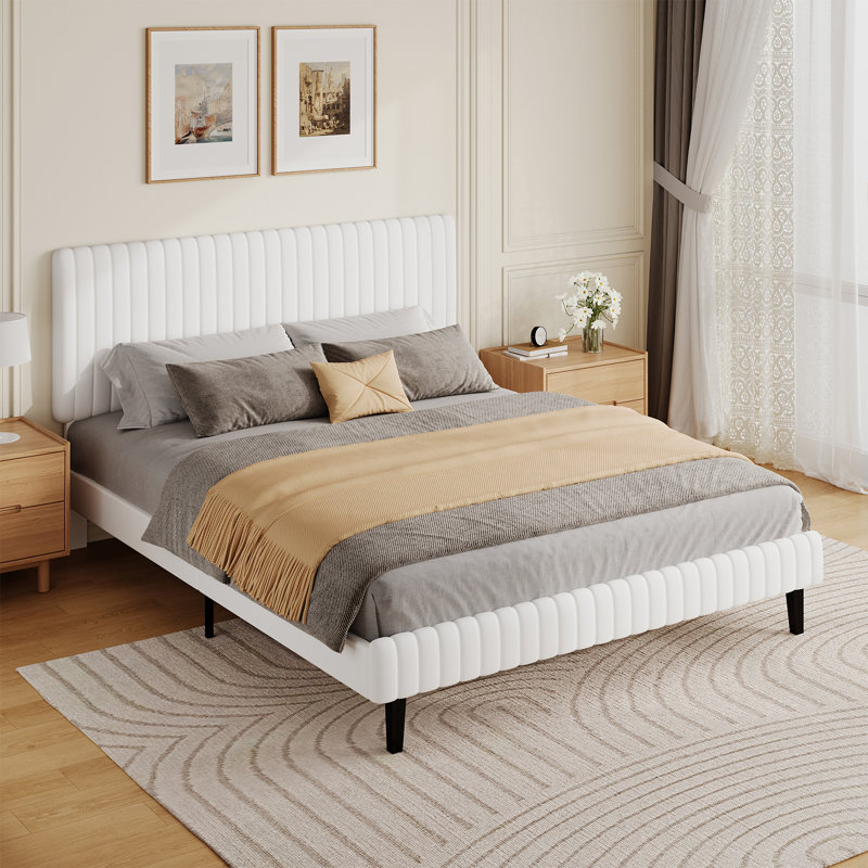 Velvet Upholstered Platform Bed Headboard and footboard with soft-padded vertical channel quilting, Full, White