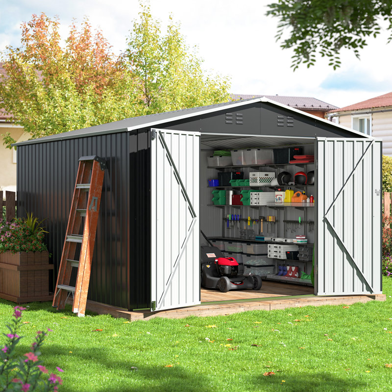 Outdoor Galvanized Steel Storage Shed for Garden and Backyard with Lockable Doors, 10x10 FT