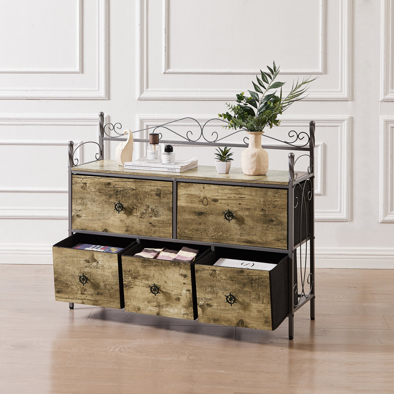 Cesare 5 - Drawer Dresser TV Stand, Industrial Storage Dresser for Bedroom with 5 Drawers, Rustic Gray Wide Chest of Drawers, Storage Organizer Unit with Fabric Bins for Closet, Entryway, or Living Room