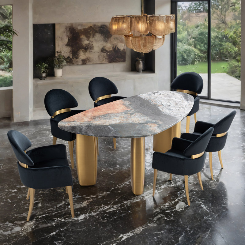 Kaye Stainless Steel 7-Piece Dining Table Set With Sintered Stone Table Top, 7 Pieces: Table, 6 Chairs, Multi-Colored, Black