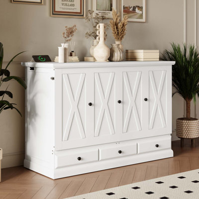 Lit armoire en pin massif massif avec station de charge et grand tiroir de rangement pour bureau à domicile ou petite pièce, double