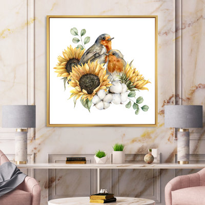 Bouquet d'automne avec coton Redbreasts Sunflowers - peinture sur toile à cadre flottant