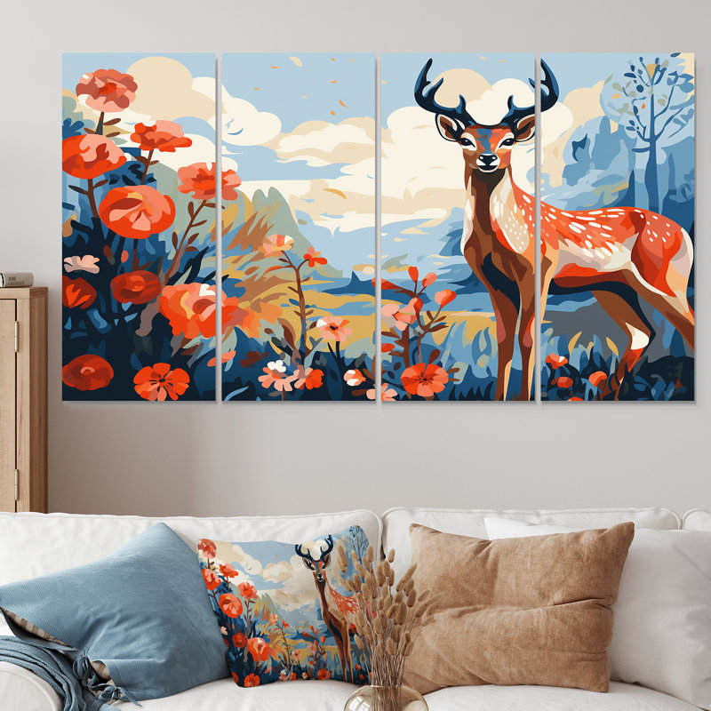 «Red and Blue Deer In Forest - Deer Landscape», ensemble d'art mural 4 pièces, H 28 po x l 48 po
