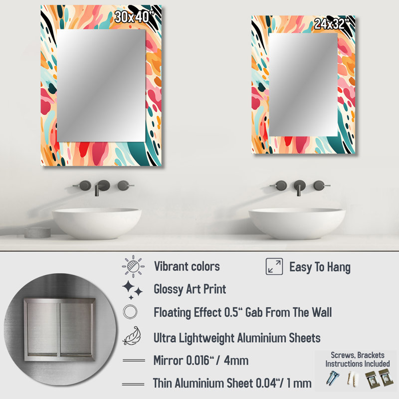 Carlleen Multicolor Feather Fury - Abstract Large Mirror, Modern Decorative Wall Mirror, Printed Metal Art, 32" x 24"