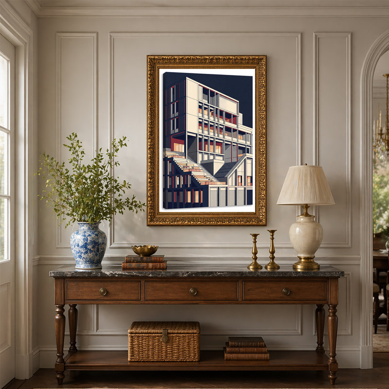 Abstrait bâtiment géométrique sur toile bleu marine, 30"H x 20"W