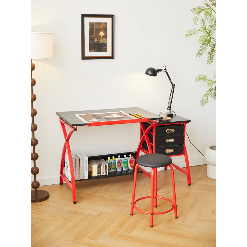 Drafting Table With Stool, Black/Red