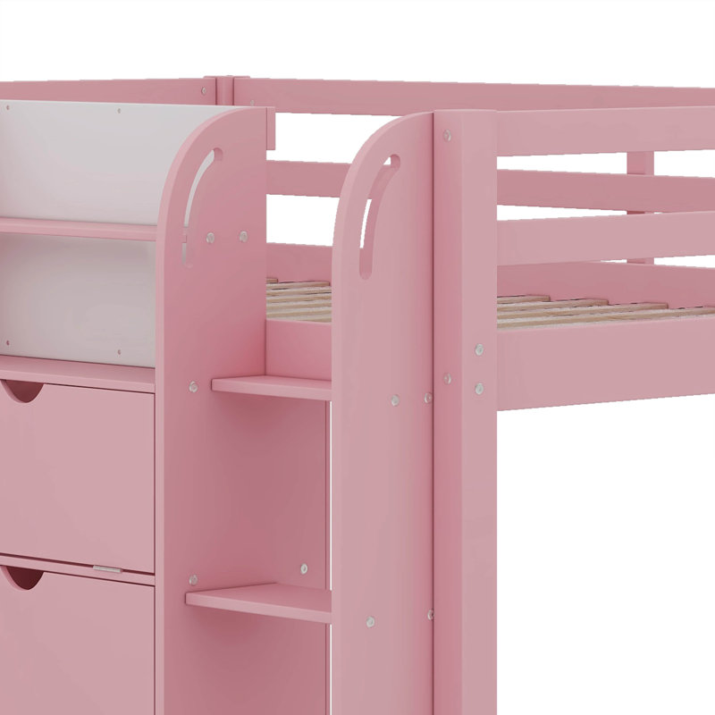 Lit mezzanine double avec bureau, armoires, bibliothèque et tableau blanc, Pink