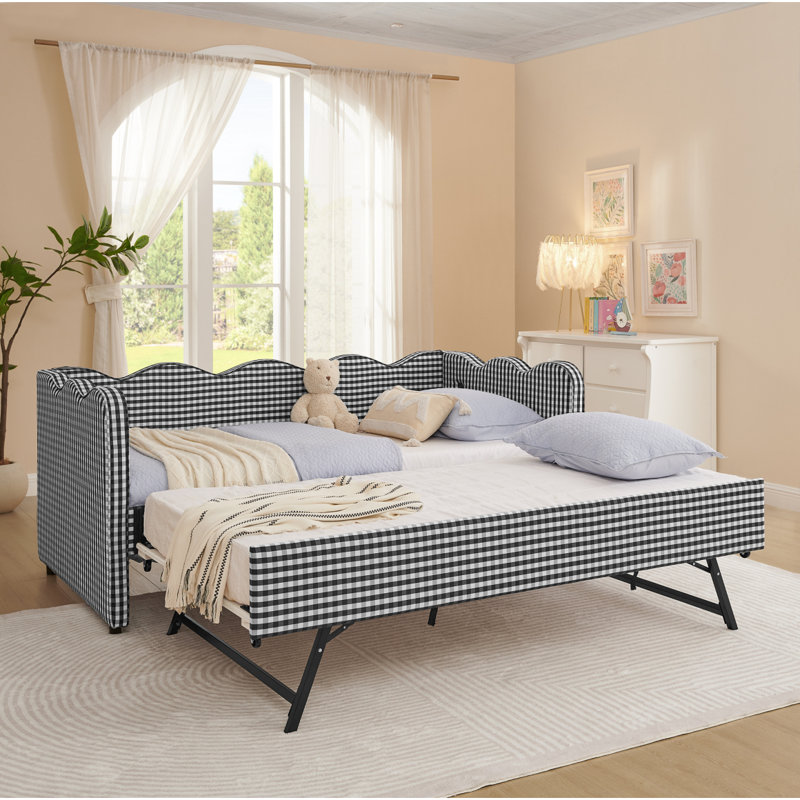 Cozy Gingham Daybed With Trundle Twin Size Sofa Bed No Box Spring Needed, With USB Port And Adorable Wave Shaped, Linen Fabric, Black