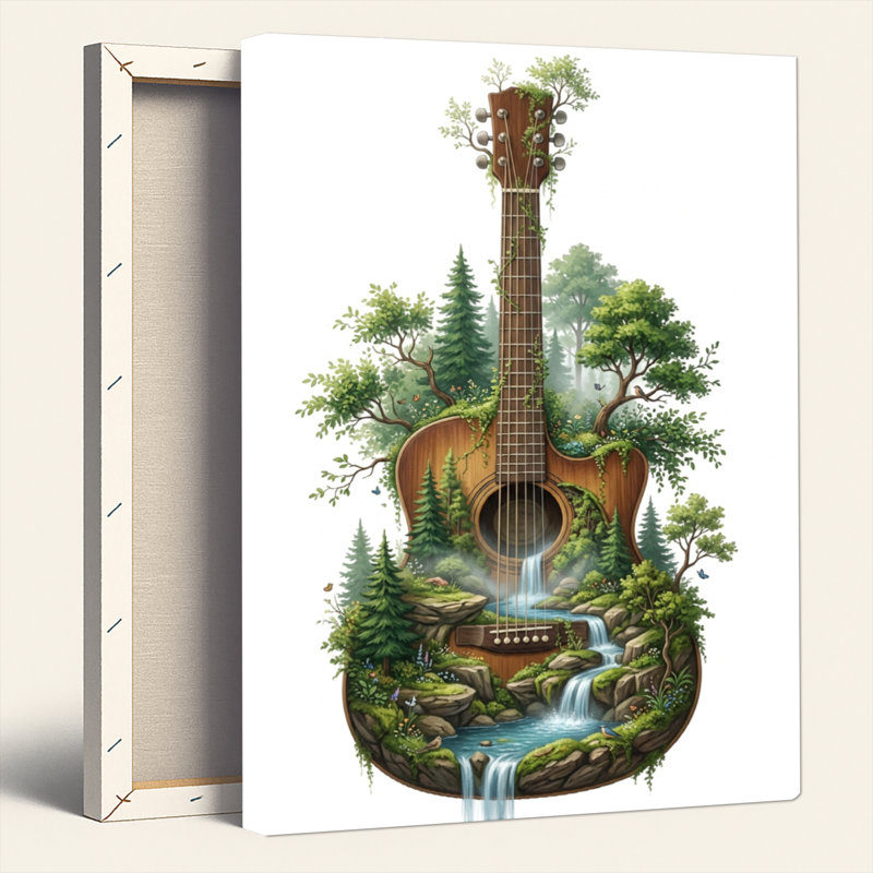 Ensemble de 1 tableau sur toile représentant une guitare et la nature, H 48 po x l 32 po, Toile tendue