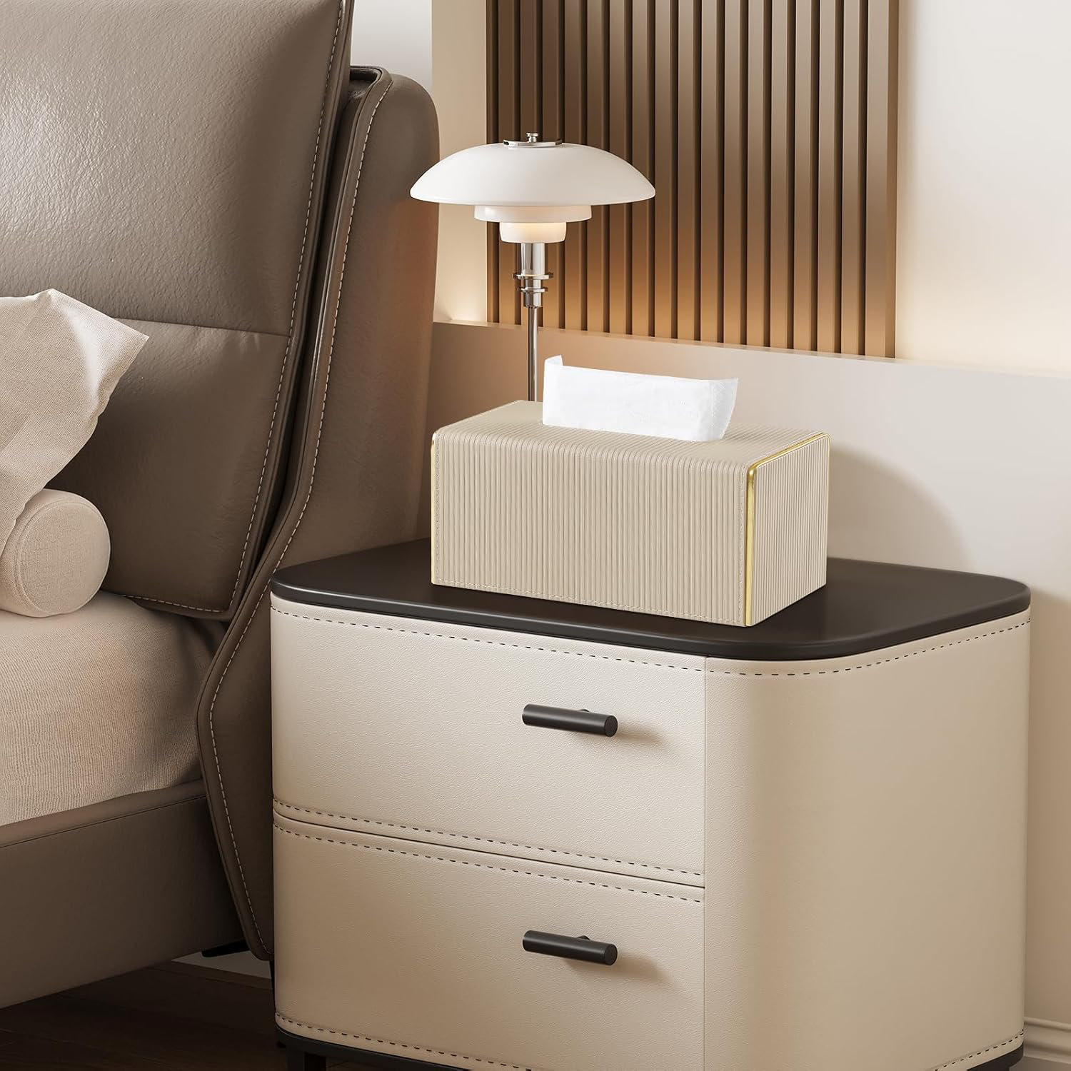 Cretkhp Rectangular Tissue Box Cover - PU Leather Decorative Holder With Magnetic Closure For Bedroom & Bathroom (Beige)