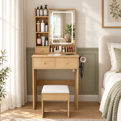 Coiffeuse avec miroir DEL, prise électrique, tabouret et support pour sèche-cheveux