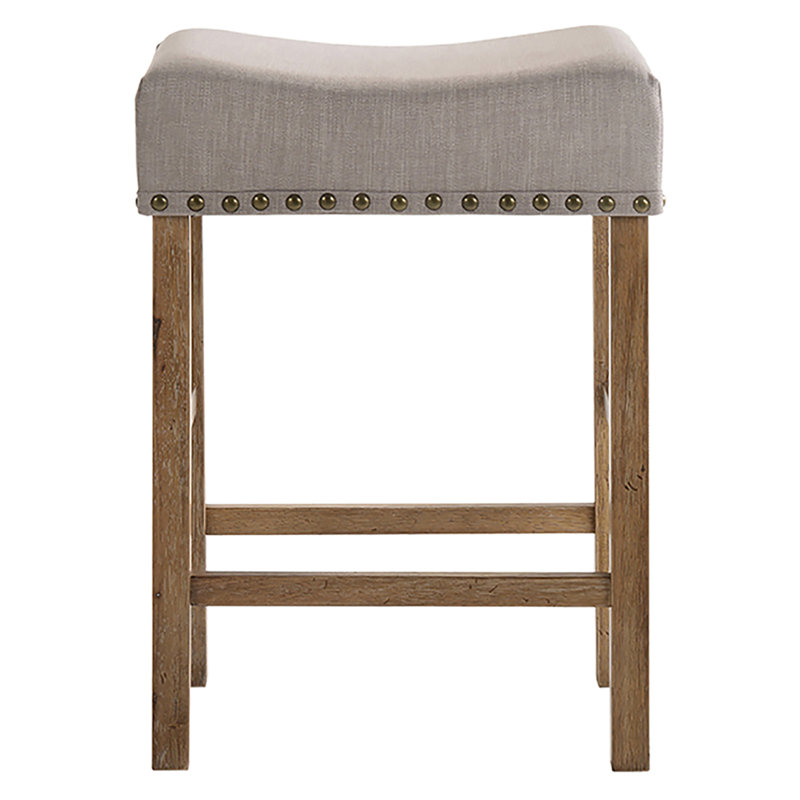 Tabourets confortables de hauteur comptoir en lin brun clair (2) - Pieds en chêne rustique vieilli, tabouret de style sans dossier gris et moderne