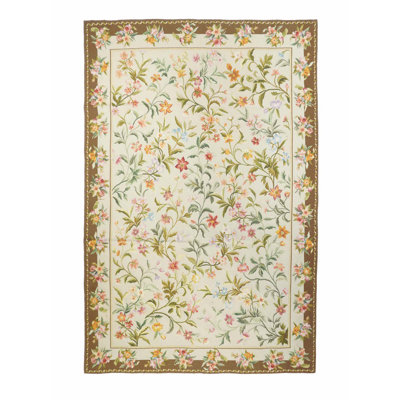Wool Floral Area Rug in Beige