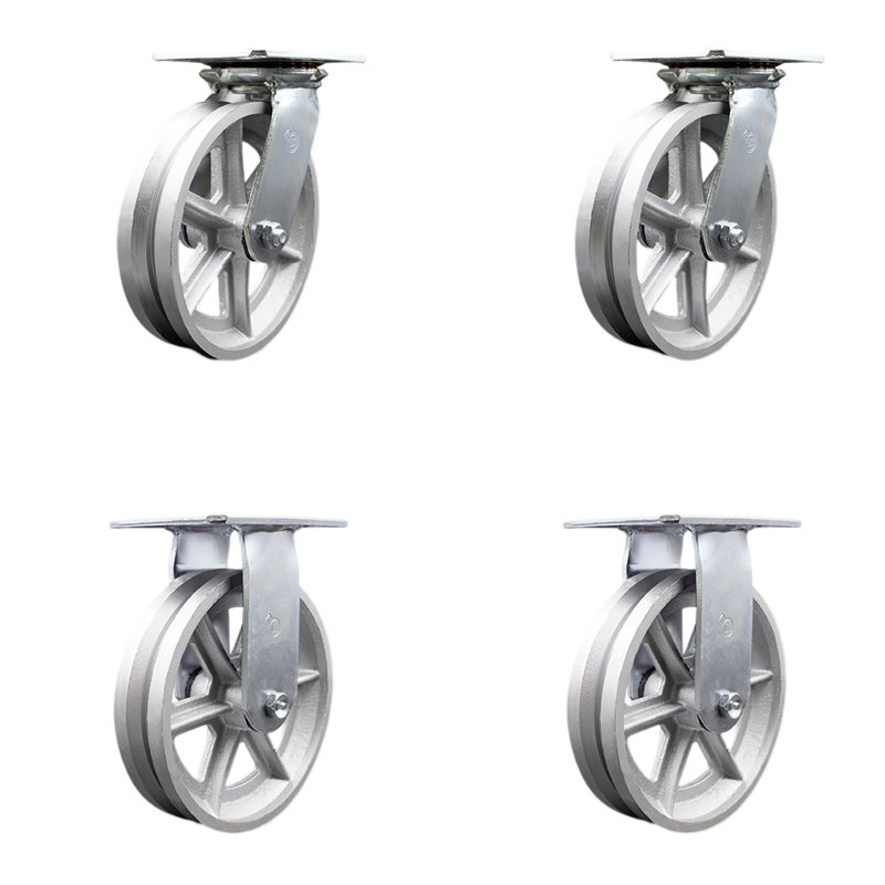 8 Inch V Groove Semi Steel Caster Set with Ball Bearings 2 Swivel 2 Rigid SCC