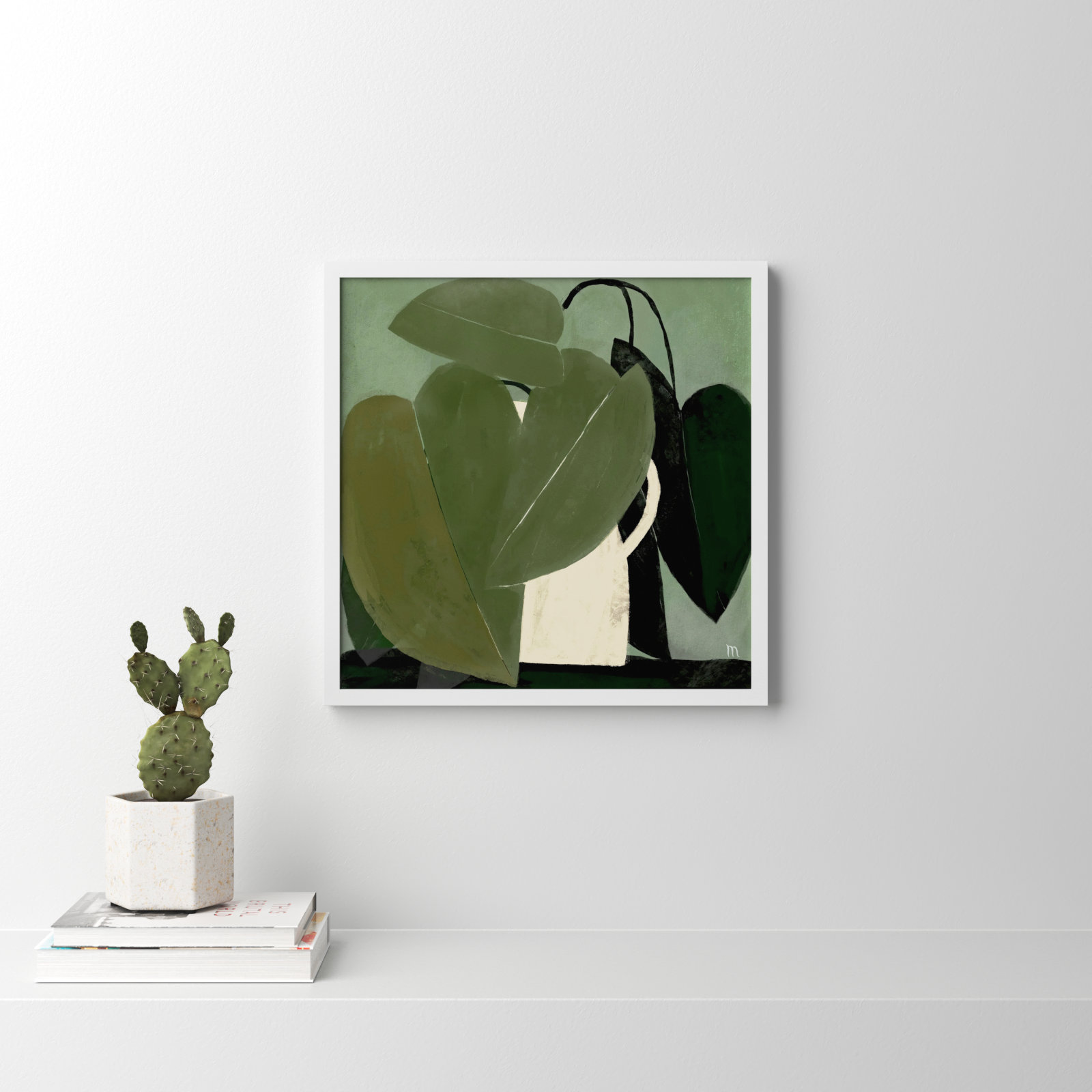 Plant "Green on Green" Painting, White, 24" H x 24" W x 1.25" D