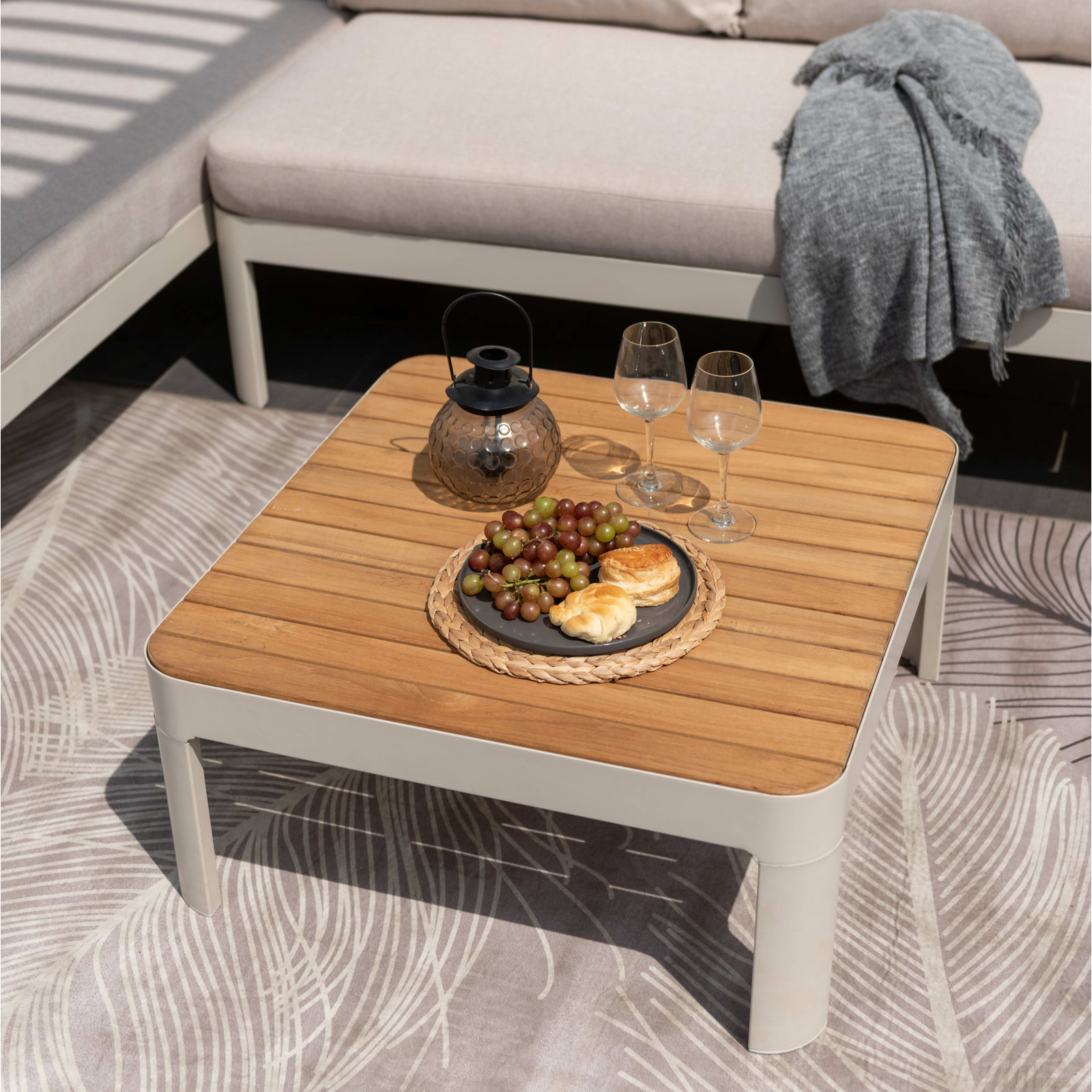 Brix Teak Patio Table, Oak, 28.2" W x 28.2" L x 12.8" H, Black 2