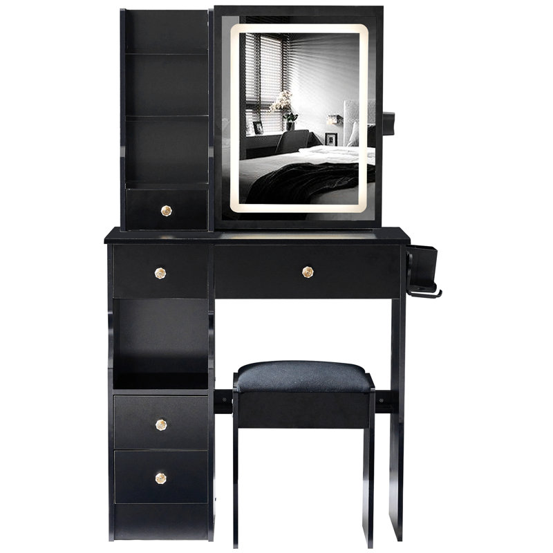 Versatile Desktop Vanity Table With Advanced Power Station And Comfortable Stool, Black