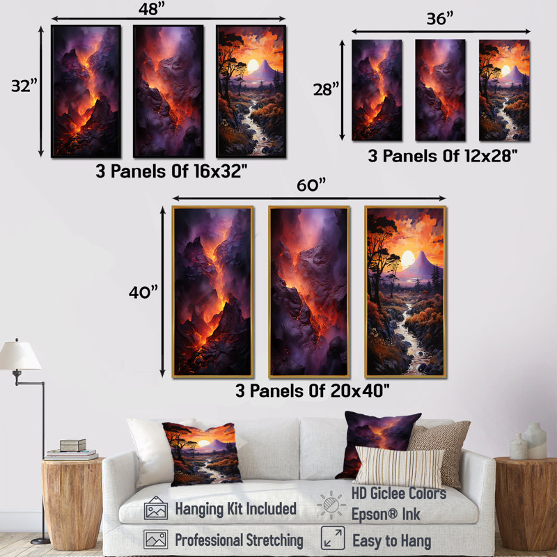 Volcano Volcanic Glow - ensemble de 4 impressions sur toile volcanique, Cadre flottant blanc, H 40 po x l 60 po