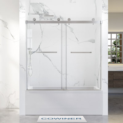 Porte de baignoire coulissante double sans cadre de 56 à 60 po x H 66 po en chrome avec verre trempé transparent de 8 10 mm 3/ de 3/8 po