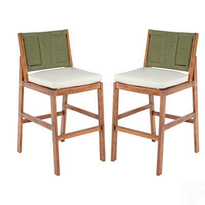 Tabourets de bar d'extérieur en bois d'acacia, ensemble de 2, finition avec coussin et dossier en osier, idéal pour la terrasse et l'îlot de cuisine