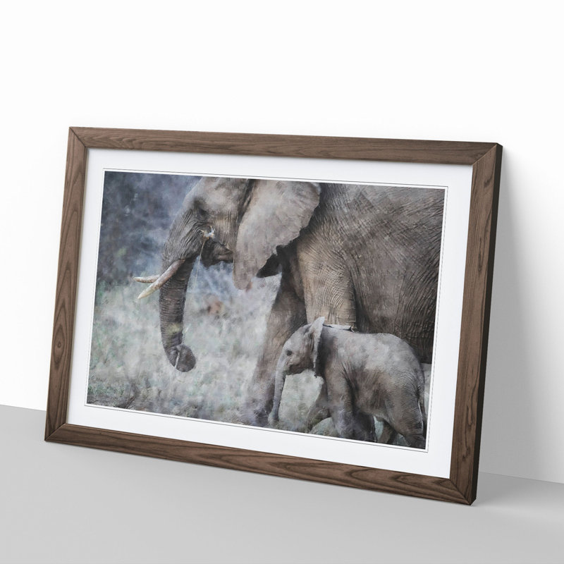 Mother and Baby Elephant Vol.1 - Picture Frame Painting, Walnut Framed, 36cm H x 48cm W x 2cm D