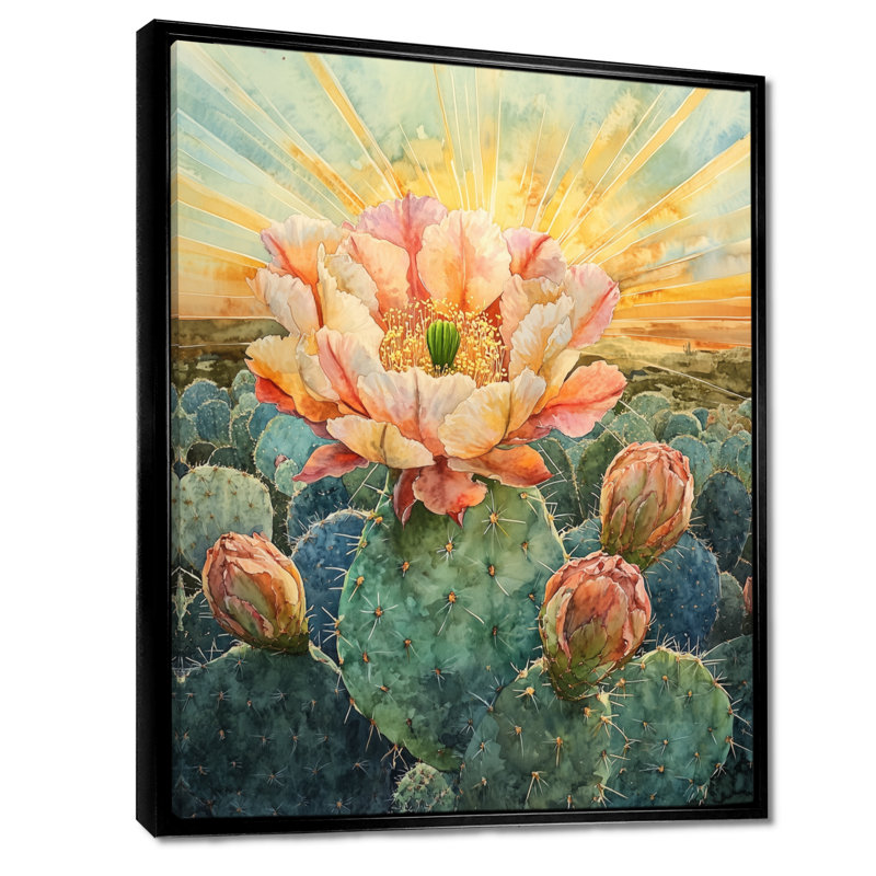 «Desert Bloom», art mural fleur de cactus, Hajeb, H 20 po x l 12 po, Cadre flottant noir