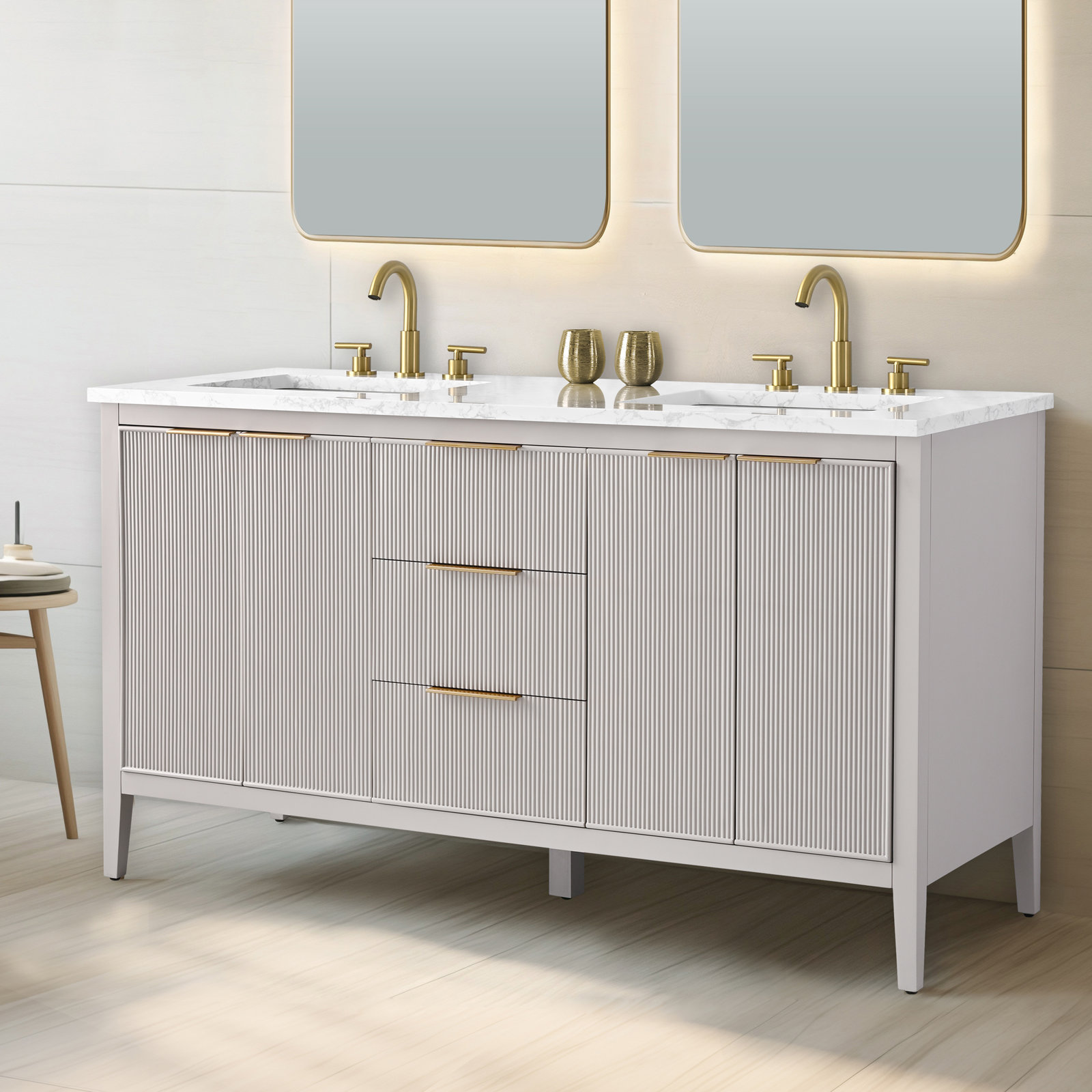 Bilroy 60" Pine Double Bathroom Vanity, Taupe/Brushed Bronze