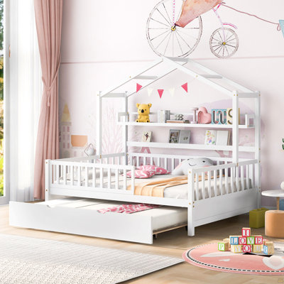 Wooden Full Size House Bed With Twin Size Trundle,Kids Bed With Shelf