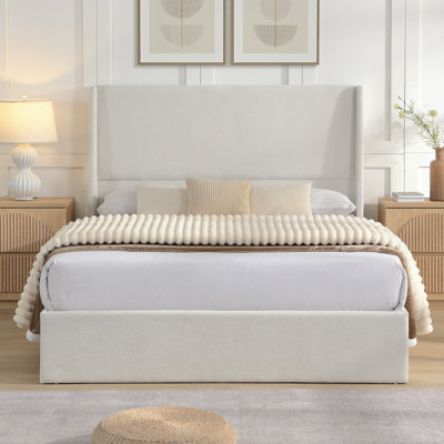 Lit tapissier à haute tête de lit haute, base de lit autoportante, base de lit grand, support à 12 lattes, facile à assembler, beige, toile de chenille, aucun sommier nécessaire