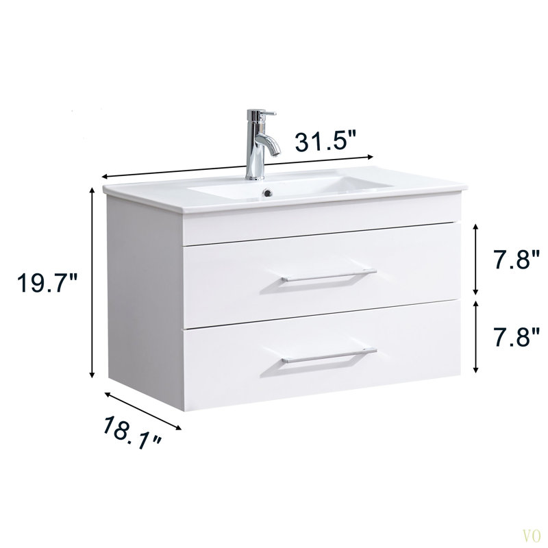Ce meuble-lavabo mural de 32 pouces avec tiroirs doubles, système de fermeture en douceur, lavabo en céramique crée un espace de salle de bain moderne et minimaliste