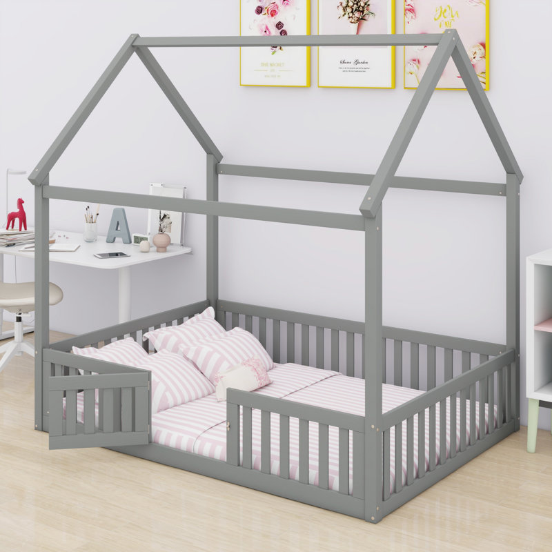 Structure de lit pour enfant avec clôture de protection et porte fonctionnelle, Gris
