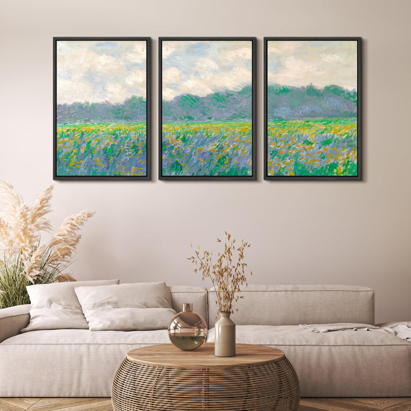 «Floral Bliss Vibrant Flower Field Under Cloudy Skies Nature Wilderness Illustration Decor», 3 pièces, Cadre noir