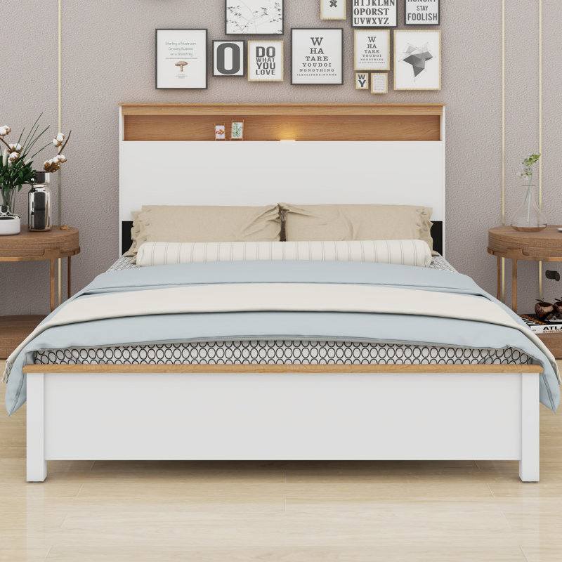 The Rustic Farmhouse Bed Frame With Storage Headboard Comes With A Built-In Charging Station, Queen