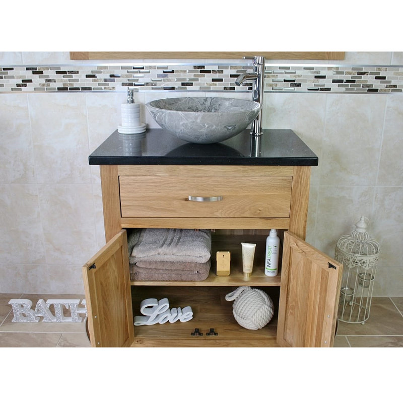 Deckert 750 mm Freestanding Single Vanity with Vessel Stone Basin, Grey, Black
