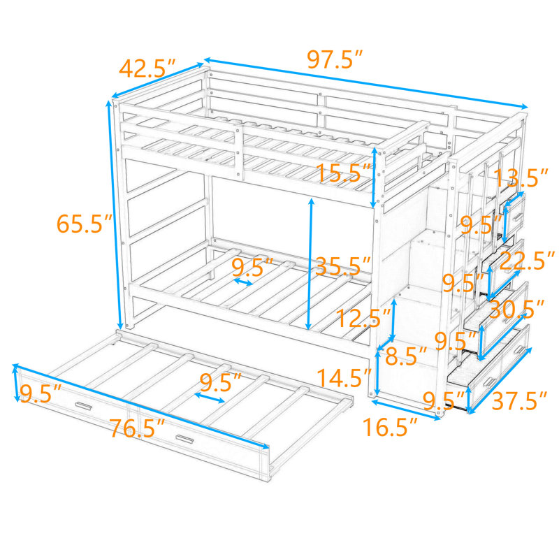 Bunk Bed With Storage Drawers And Twin Trundle, Gray, Twin Over Twin