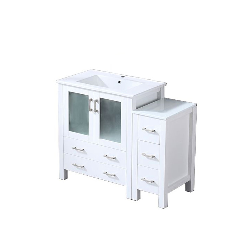 42 po Meuble-lavabo de salle de bain blanc - Structure en bois massif et armoire latérale en céramique à fermeture en douceur - et pour une technologie d'espace supplémentaire
