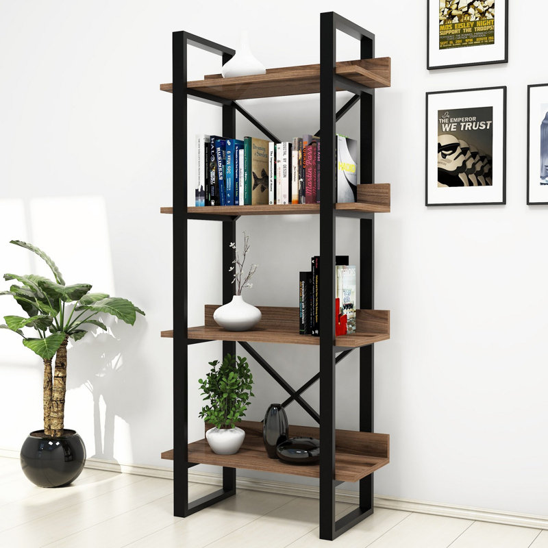 Modern Walnut Bookshelf with Metal Frame, 25.0 x 59.1 x 11.8 inches | 100% Melamine Coated Particle Board, Thickness: 0.7 inches | Numerous Shelves, Wall-Mountable, Stylish Storage Solution for Home & Office