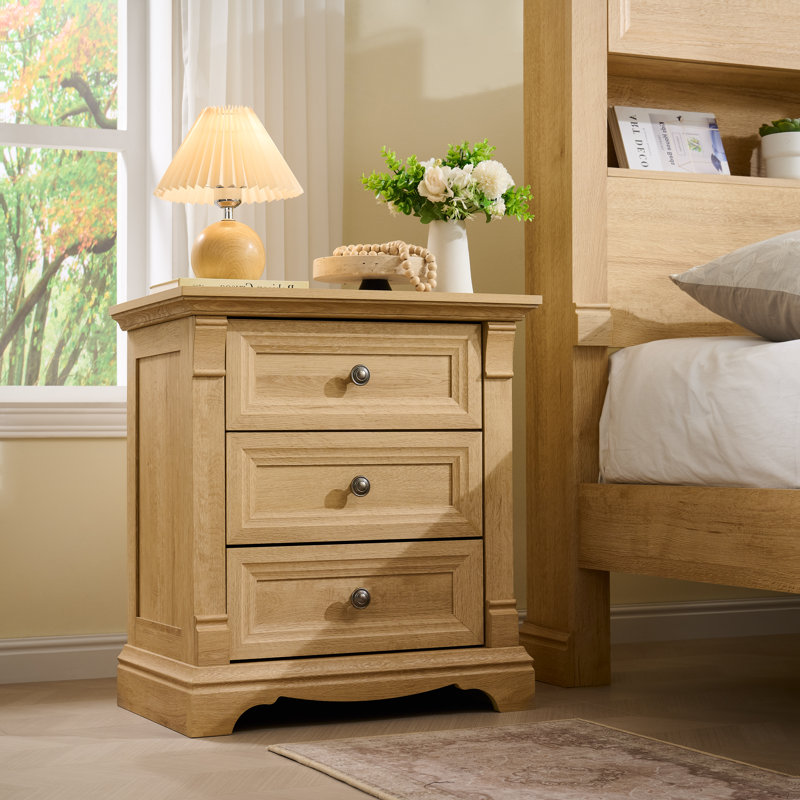 24" Farmhouse Nightstand With Charging Station With 3 Drawers Storage, Wood Side Table,end Table, Oak