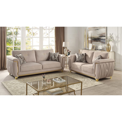Ensemble de salon rembourré 2 pièces de style contemporain en bois avec accents dorés et beige