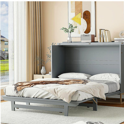 Murphy queen bed with frosted glass door design, false drawer, metal legs, grey