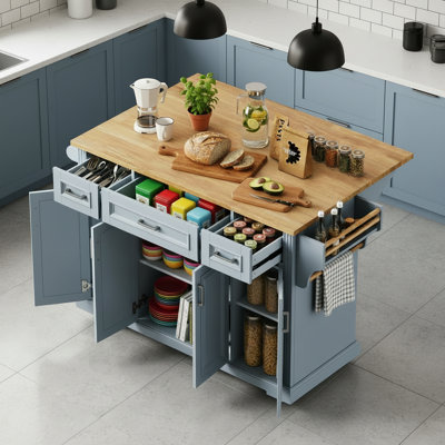 Multifunctional Gray-Blue Rolling Kitchen Island With Rubberwood Folding Countertop, 4 Wheels For Easy Movement, 4 Doors, And 3 Drawers For Storage.