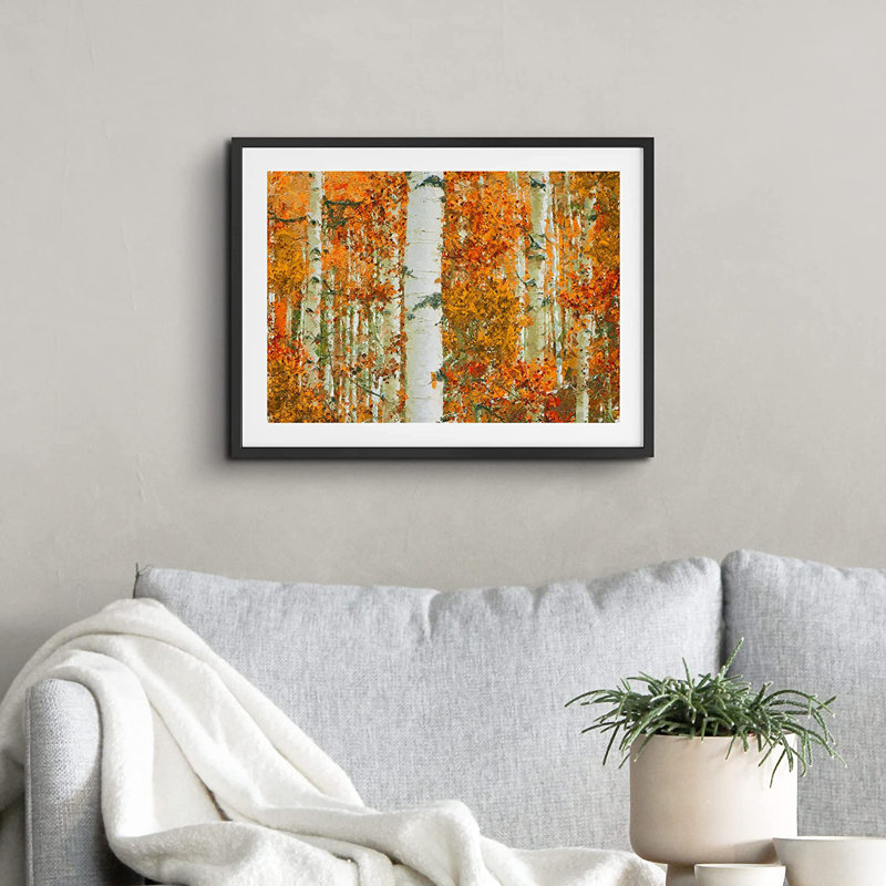 Feuilles de forêt orange vif - peinture encadrée, Noir