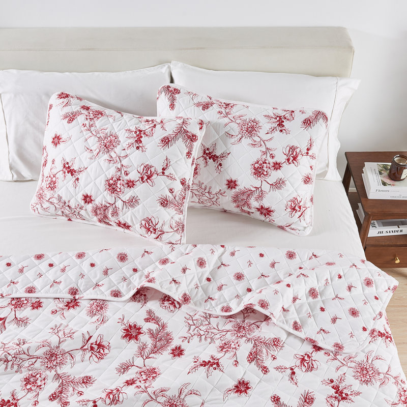 Vibrant & Cheerful Christmas Quilt Set, California King Quilt  + 2 King Shams, Jolly Floral
