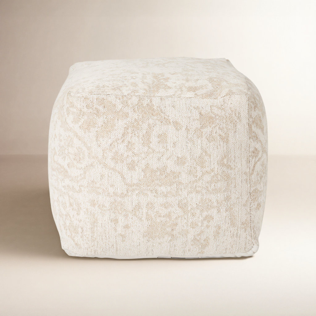Kason Upholstered Pouf, Cream Cotton Blend