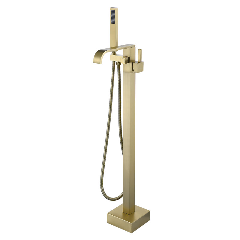 Freestanding Cube Floor Tub Spout with Diverter, Brushed Gold