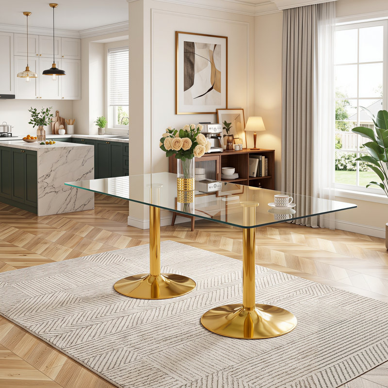 71" Rectangular Tempered Glass Dining Table with Gold Double Pedestal Base