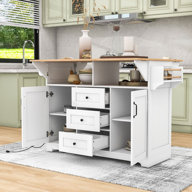 Large Folding Storage Kitchen Island with Power Outlet and Drawers, White