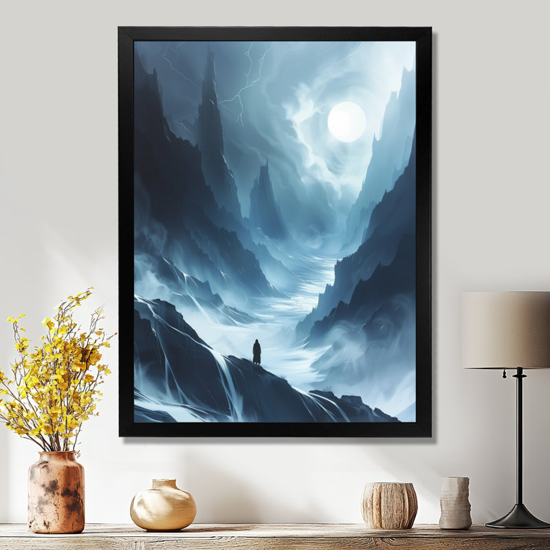 Winter Cliff Wilderness Explorer - Paysage de montagnes, art mural, Cadre simple noir, bois massif, H 40 po x l 30 po