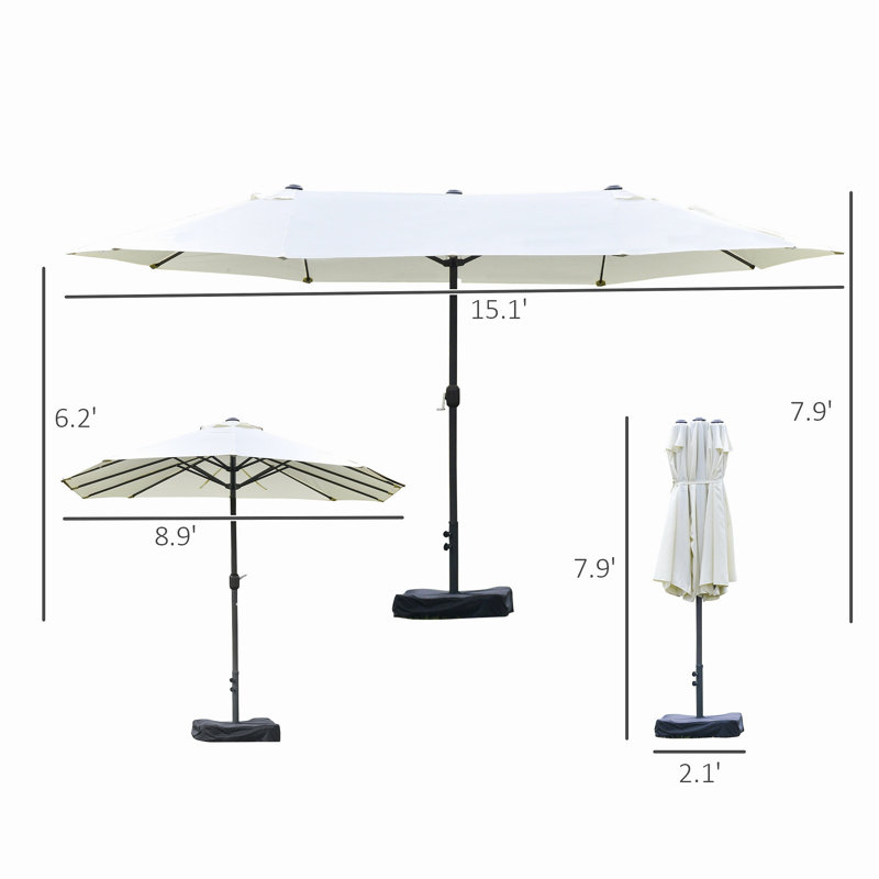 Parasol d'extérieur rectangulaire en acier de 15 pi avec base, protection solaire et manivelle pour terrasse, Beige